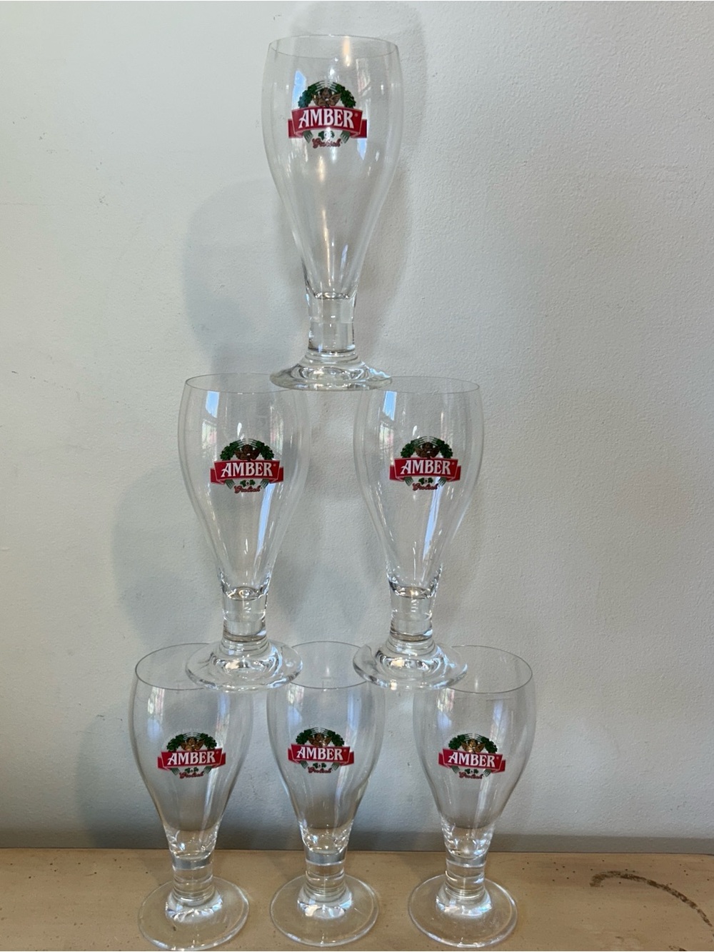 Grolsch AMBER German Beer Tulip Stem Glasses Cherub drinking Beer logo Sets of 2